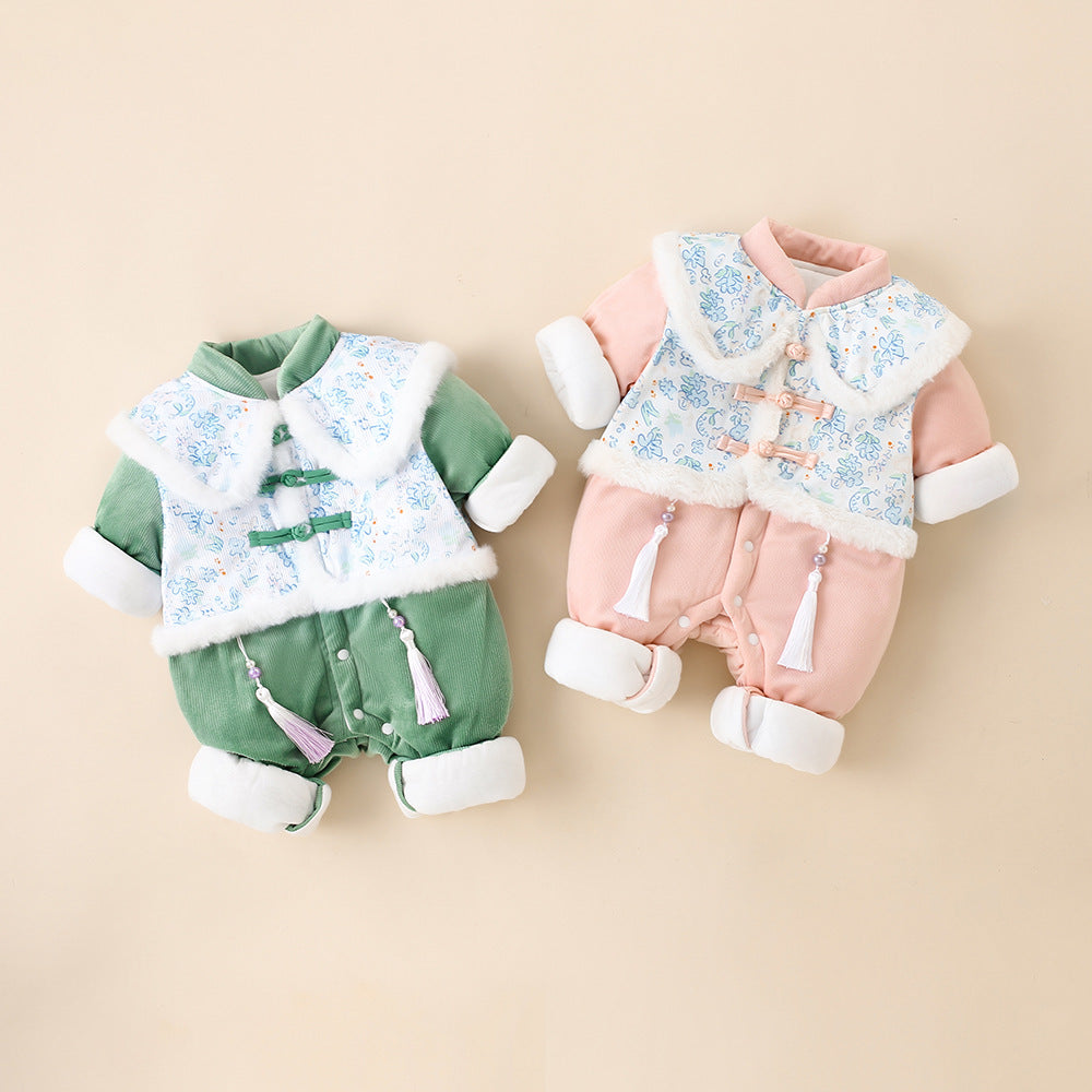 Baby autumn/winter chinese style romper, newborn girl cute princess full month hanfu, fleece-lined quilted outfit