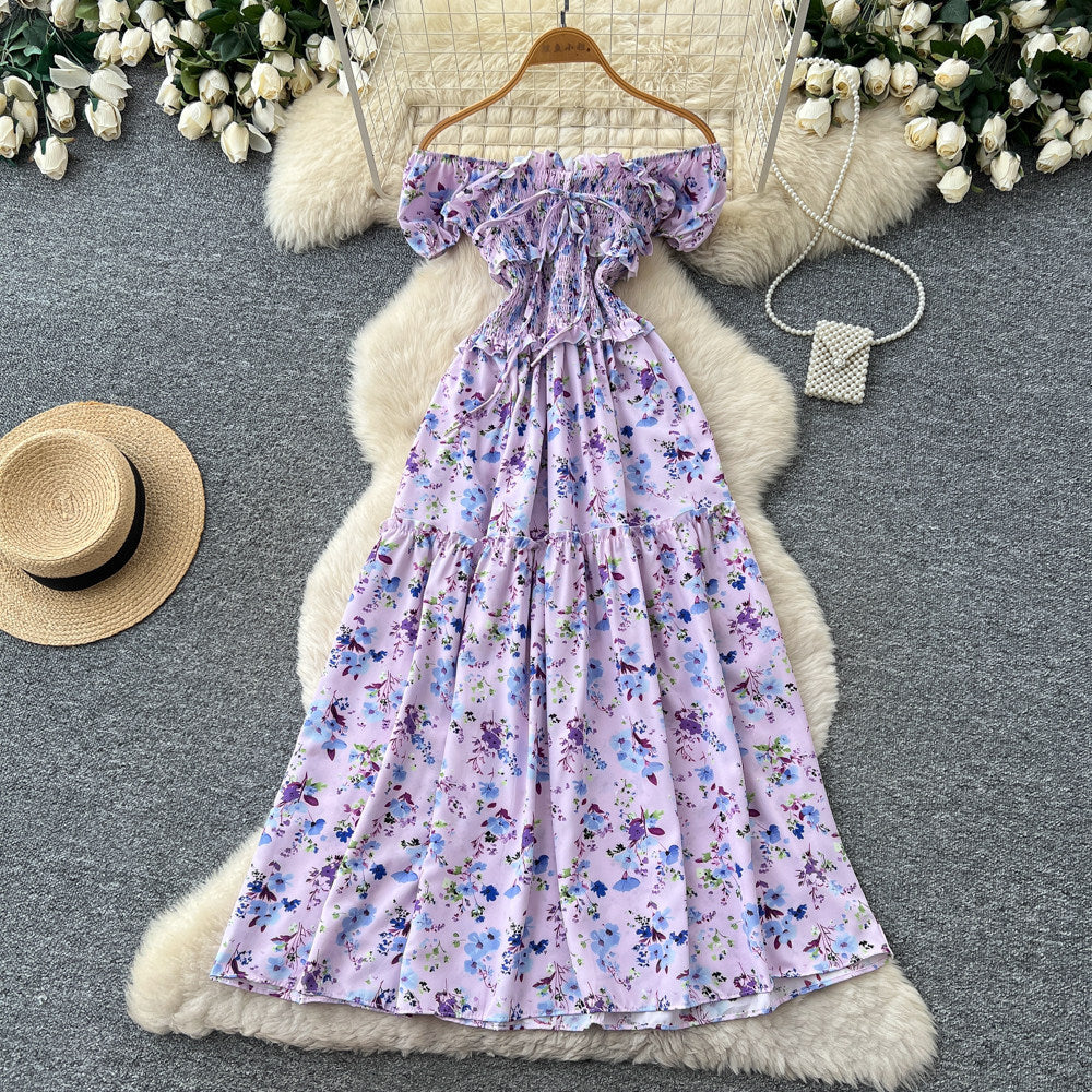 French sweet style square neck floral dress women's summer korean style ruched waist tie-up a-line elegant maxi dress - red