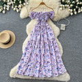 French sweet style square neck floral dress women's summer korean style ruched waist tie-up a-line elegant maxi dress - red