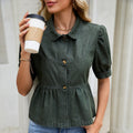 Fashion cross-border women's dark blue denim doll shirt tops lapel single-breasted puff sleeves waist rufflesshirt