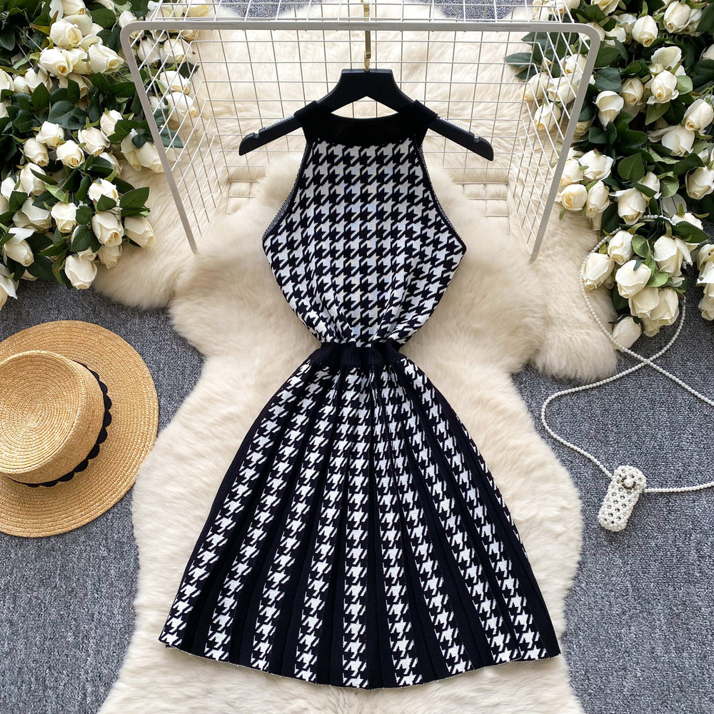 Chanel-inspired sleeveless halter knit dress - women's  summer french style cinched waist metallic buckle houndstooth sweater dress
