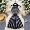 Chanel-inspired sleeveless halter knit dress - women's  summer french style cinched waist metallic buckle houndstooth sweater dress