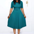 Q114 european and american women's clothing  summer new fashion round neck short sleeve solid color pleated elegant plus size african dress