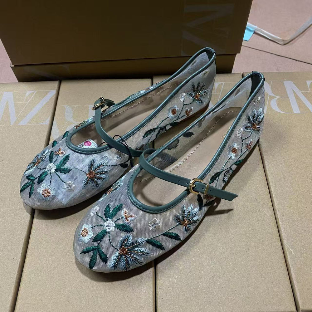Za spain 2024 autumn new women's shoes round toe mesh sand green floral embroidery mesh ballet flats
