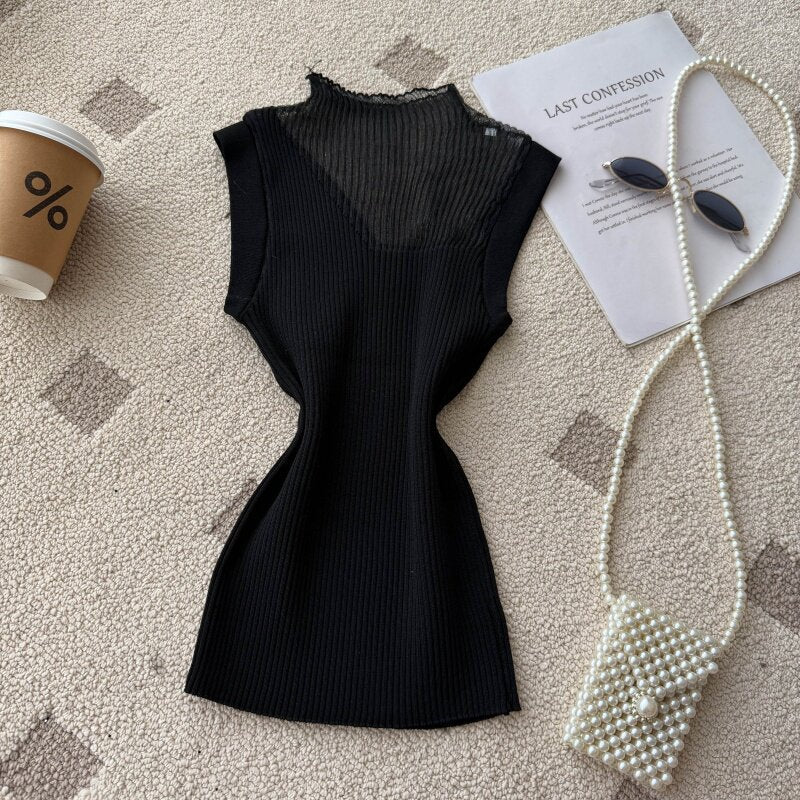 Sweet work clothing style half mesh high collar camisole women's summer outwear silmslimming lookknitting sleeveless tops