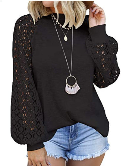 fashionexport cross-border new arrival  independent station round neck long sleeves lacepatchworkloosetops women