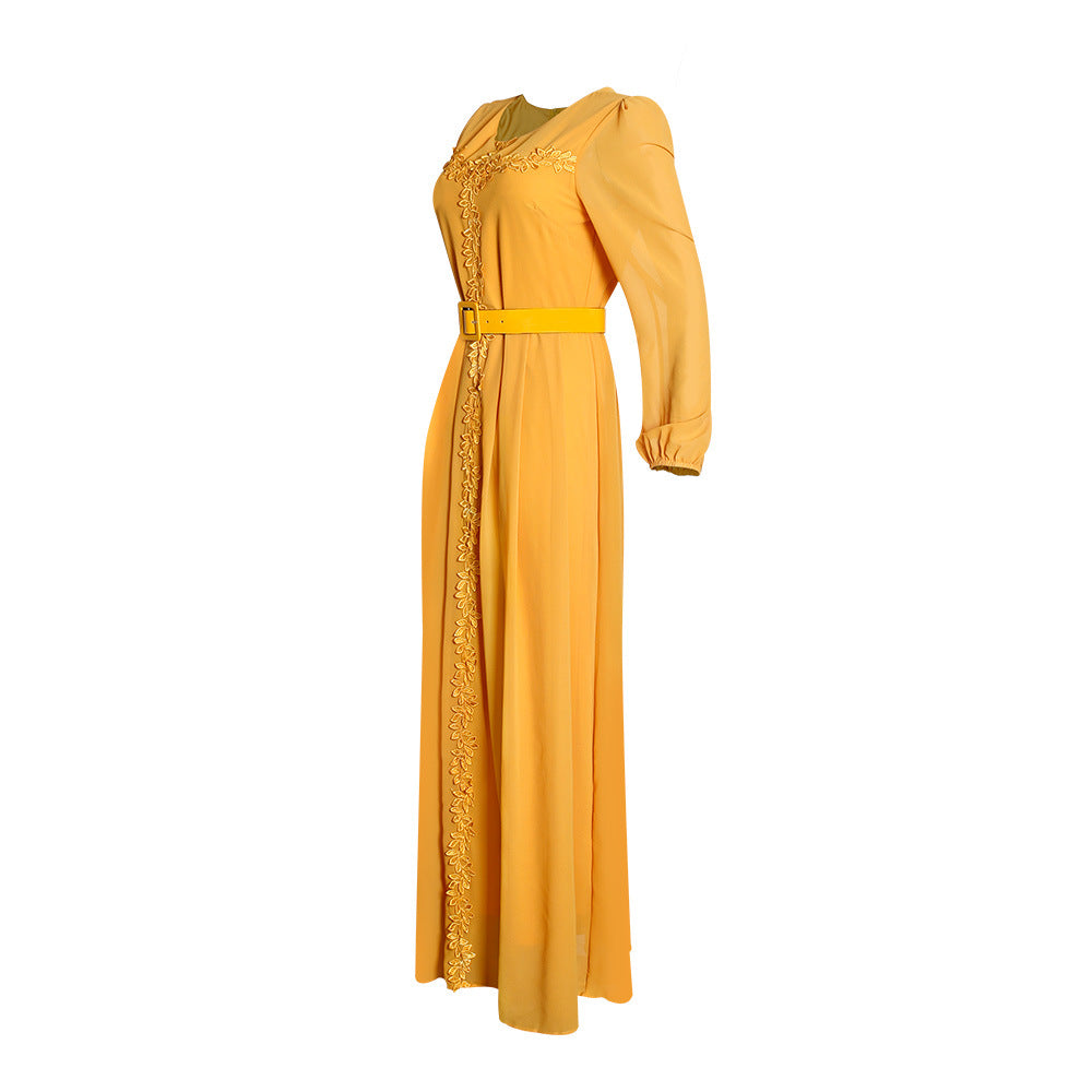 Fashion cross-border supply  long skirt long sleeves african plus size women's clothing elegantwork clothing chiffon dress belt