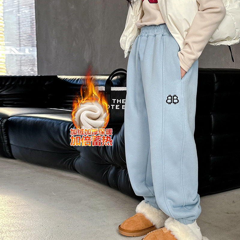 Girls' fleece-lined thickened sweatpants - new  winter collection: stylish, casual, loose-fit athletic pants for trendy little girls