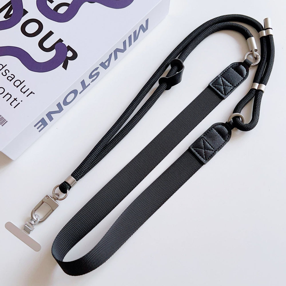 Trendy wide shoulder strap crossbody phone case lanyard with lambskin patchwork, adjustable strap, anti-lost chain for outdoor travel