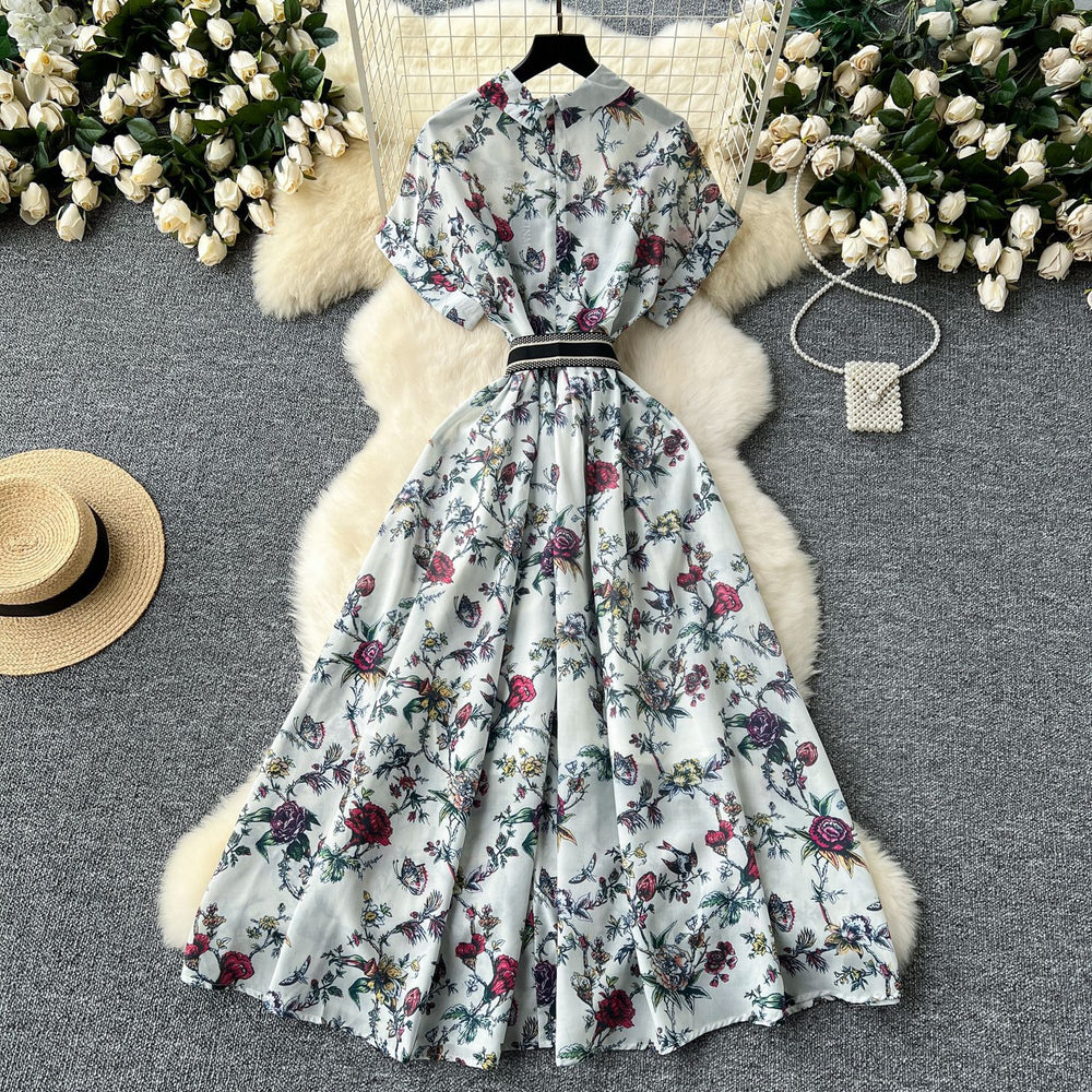 Frenchniche styleclassy light mature style single breasted short sleeve printingshirtdress women's styleretro chiffon skirt
