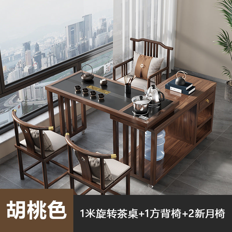 New chinoiserie solid wood tea table rotate table and chair complete set of water kettle all-in-one tea table balcony living room small apartment coffee table