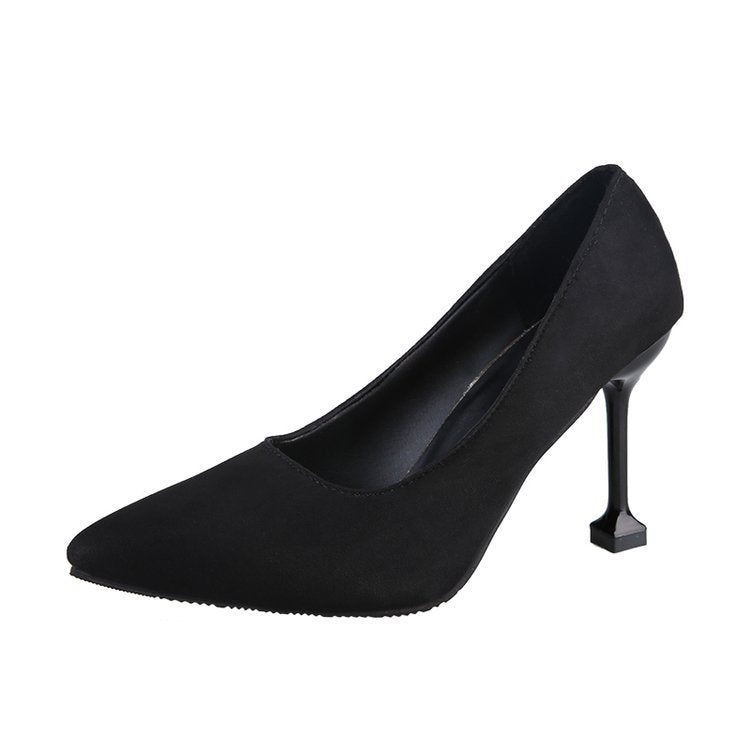 Women's suede black pointed-toe heels - professional ol work shoes, solid color stiletto mid-heel pumps