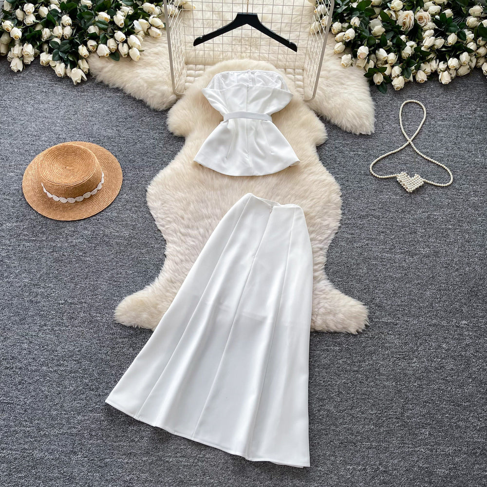 Light luxury elegance style whitetube top skirt two-piece set women's summerwork clothing style silmslimming lookelegantsuit