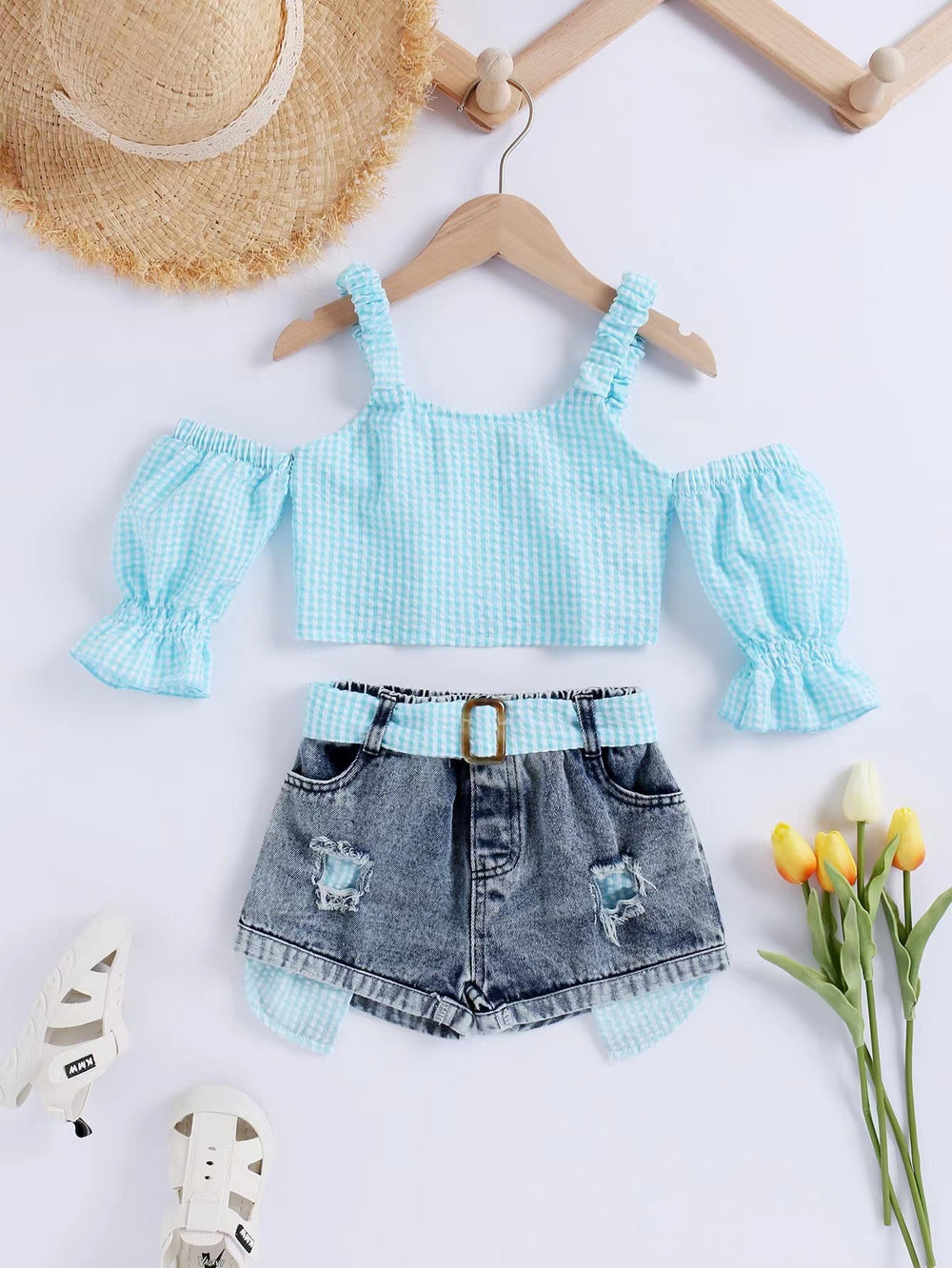 summer new arrival: trendy ins-style cross-border e-commerce export two-piece set for girls - off-shoulder cami with puff sleeves, sweet and adorable