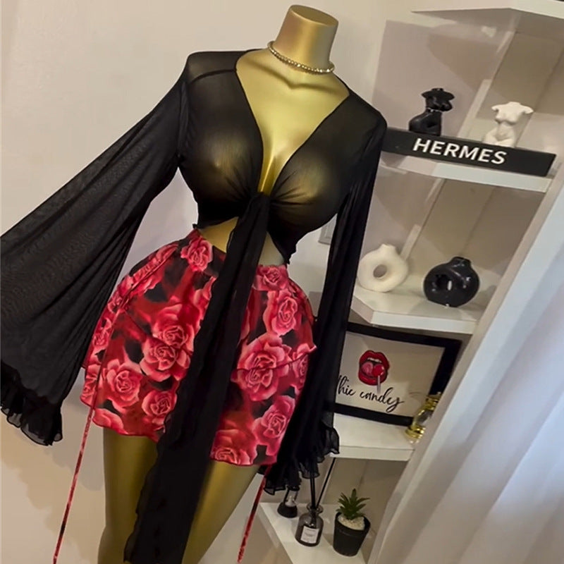 European and american cross-border women's fashion:  autumn new arrivals - sexy and elegant v-neck tie-up lightweight blouse, sheer slim-fit top