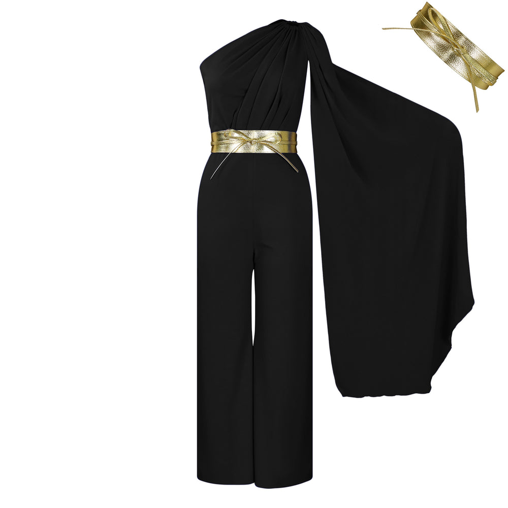 Women's long pants - spring/summer  new arrivals: fashionable and elegant asymmetrical neck, patchwork pleated, high-waisted african jumpsuit for office ladies