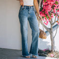 Fashion  independent station cross-border new style raw edge washed and polished mid-waist slimming look denim pants trendy women