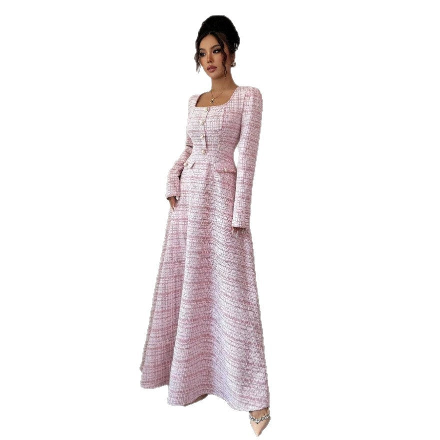 european and american new arrival: pink and white gingham long dress - chanel-inspired style with square neck, long sleeves, pearl button detail, cinched waist, and flared hem