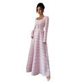 european and american new arrival: pink and white gingham long dress - chanel-inspired style with square neck, long sleeves, pearl button detail, cinched waist, and flared hem