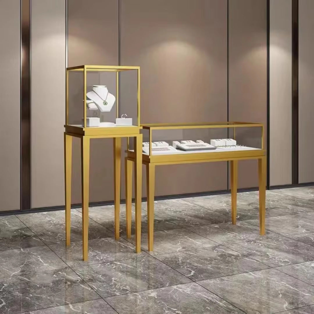 Source Factory Wood Metal LED Lights High Block Jewelry Display Cabinet Jewelry Store Commercial Display Stand Storage