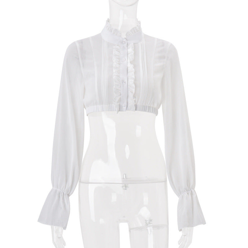 European and american women's clothing  summer new french sweet temperament ruffle trim cropped lantern sleeve blouse top