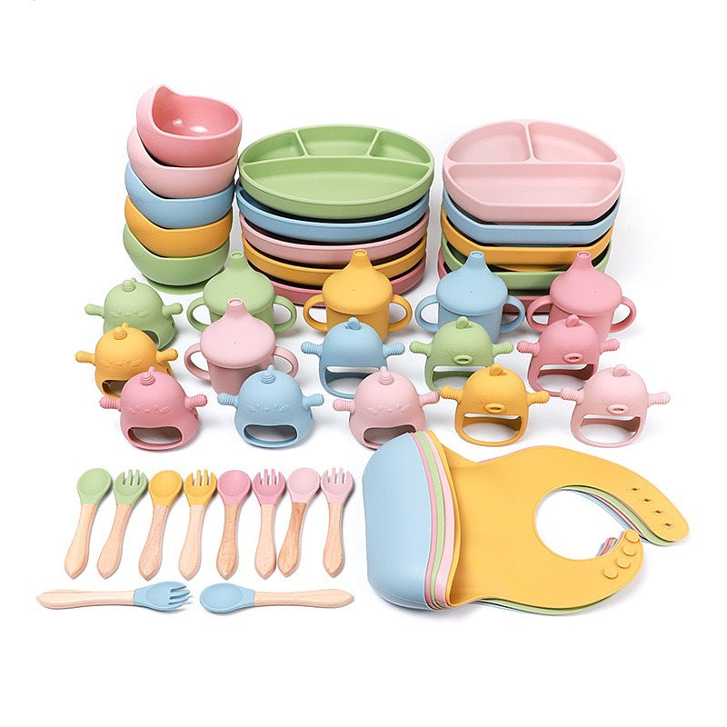 Children's tableware feeding set Baby silicone bowl Fork spoon Baby food supplement bowl Plate Food grade silicone plate
