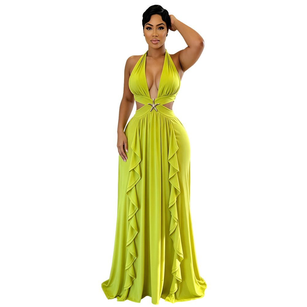 C7805 cross-border  new women's halter deep v cutout starfish ruffle maxi dress banquet evening gown