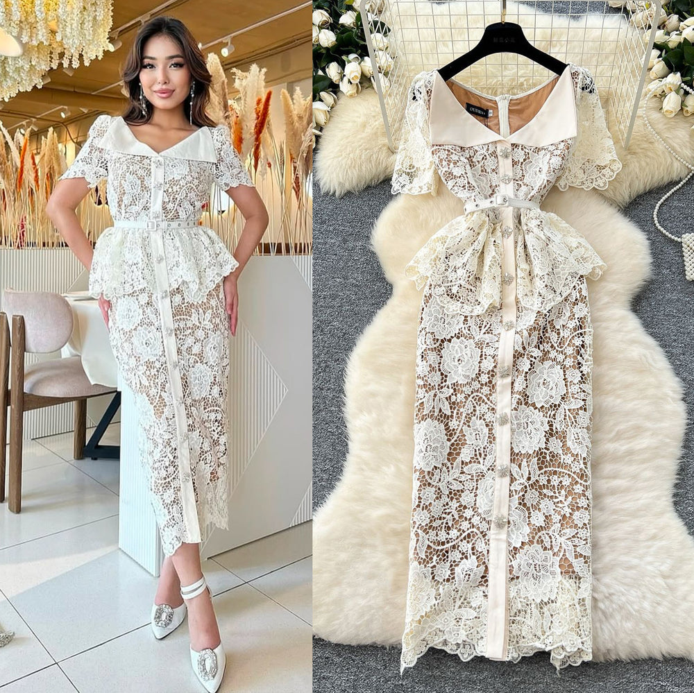 Classy sense of fragrance dress for women frenchelegance diamond-breasted silm lapel short-sleeved cut outlacedress