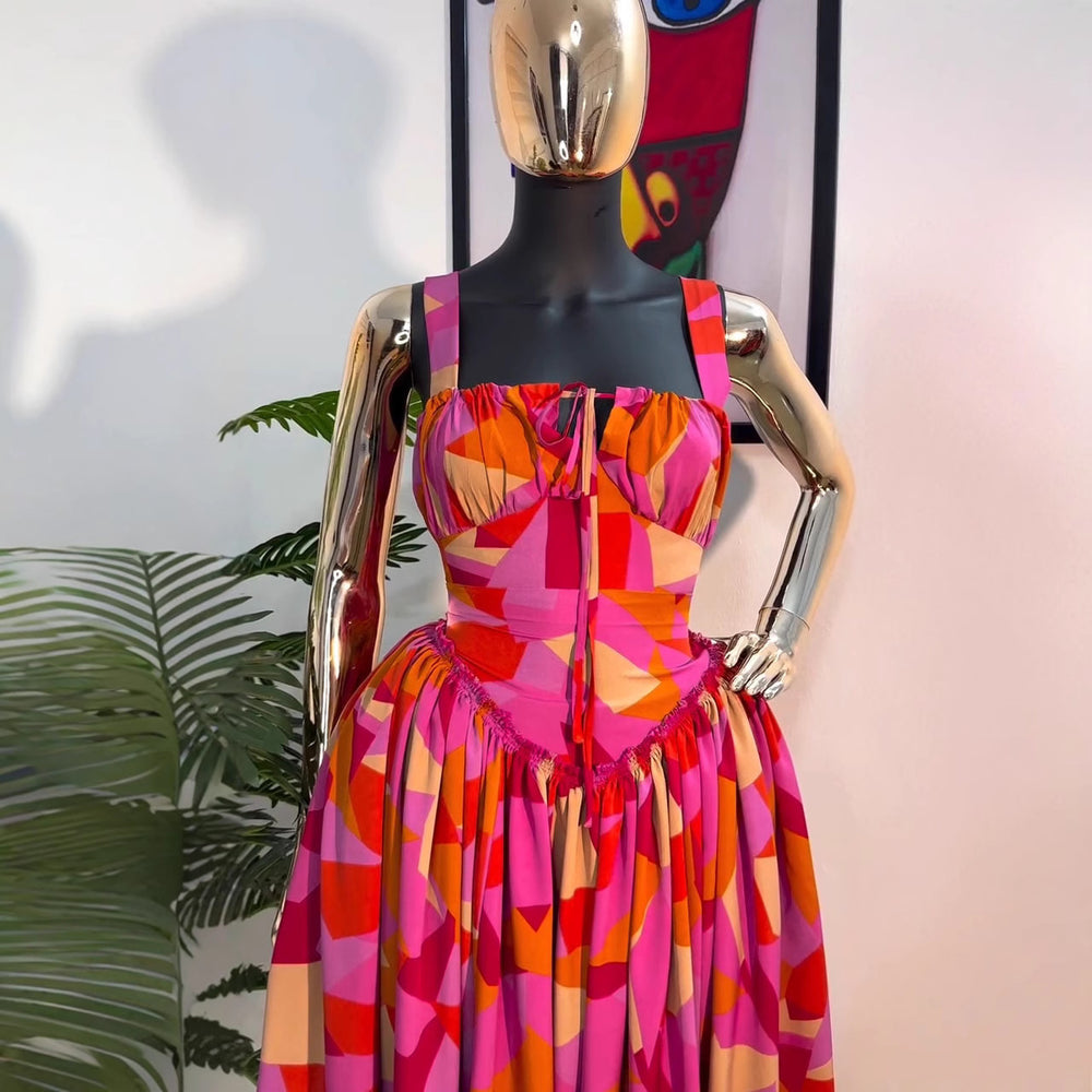 supply summernew arrivalprintingsexy waist mid-length skirt fashionfashion geometric printing suspender skirt