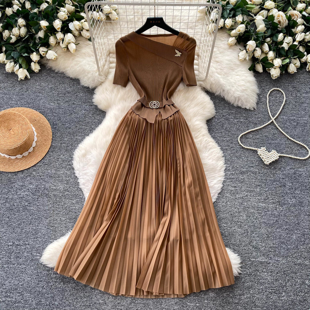 Sense of design classyelegance green dress for women summer short-sleeved high waist waist pleated long skirt light mature style work clothing