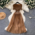 Sense of design classyelegance green dress for women summer short-sleeved high waist waist pleated long skirt light mature style work clothing