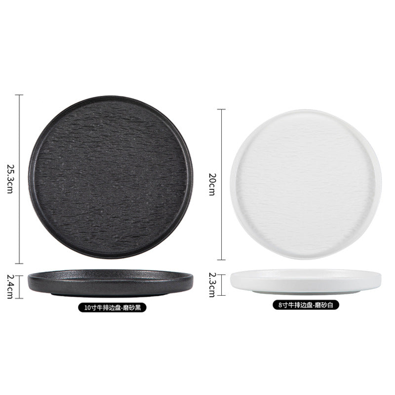 Japanese-style premium black and white ceramic dinnerware - high-end rock texture dinner plates for home use - round steak and chop dishes for restaurants