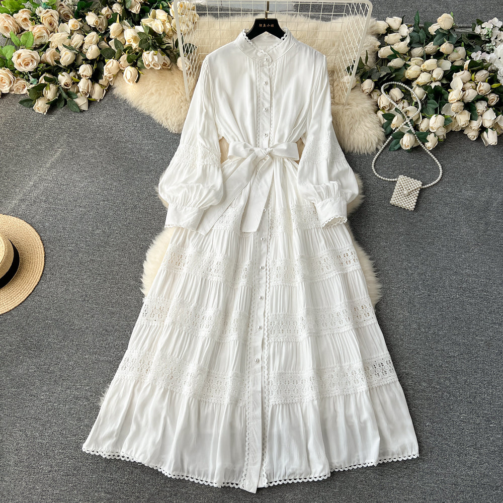 Frenchretrolacepatchwork lantern long sleevesdress women's tie back waist single breasted large swing palace style long skirt