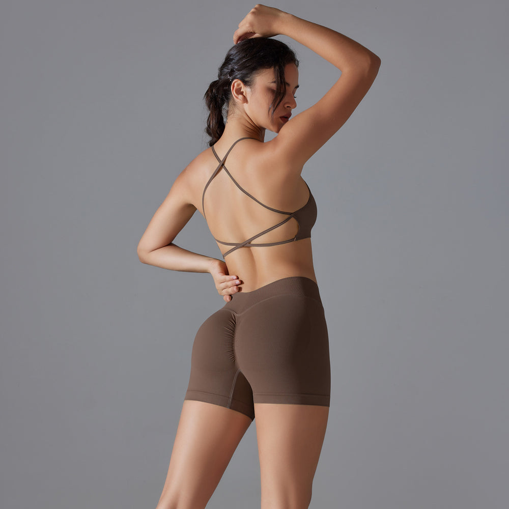 New seamless solid color criss-cross back high-elasticity compression sports bra and leggings set - perfect for running and fitness
