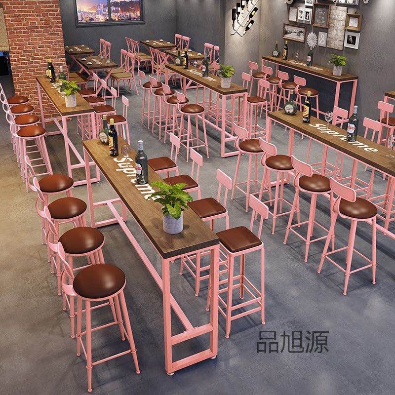 Bar cafe wall commercial wood bar table and chair combination Internet celebrity long wrought iron soft seat back dining table and chair