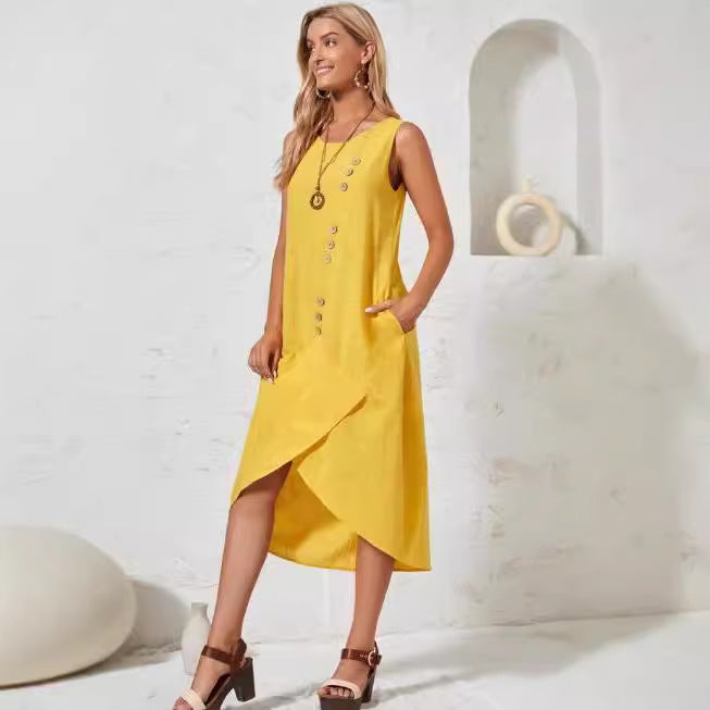 european and american cross-border  new women's cotton linen solid color loose short sleeve asymmetrical maxi dress