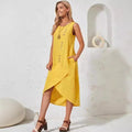 european and american cross-border  new women's cotton linen solid color loose short sleeve asymmetrical maxi dress