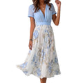 european and american style women's  independent store digital print long sleeve v-neck patchwork maxi dress