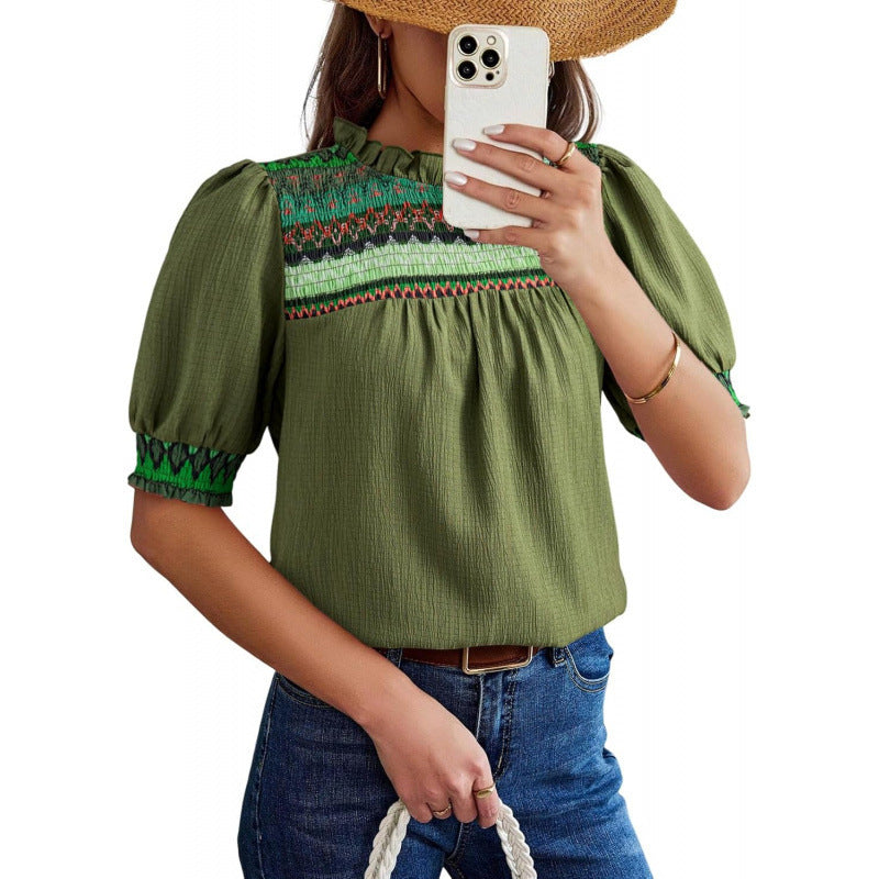 Amazon  summer new casual round neck bubble short sleeve bohemian embroidered shirt top for women