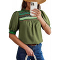 Amazon  summer new casual round neck bubble short sleeve bohemian embroidered shirt top for women