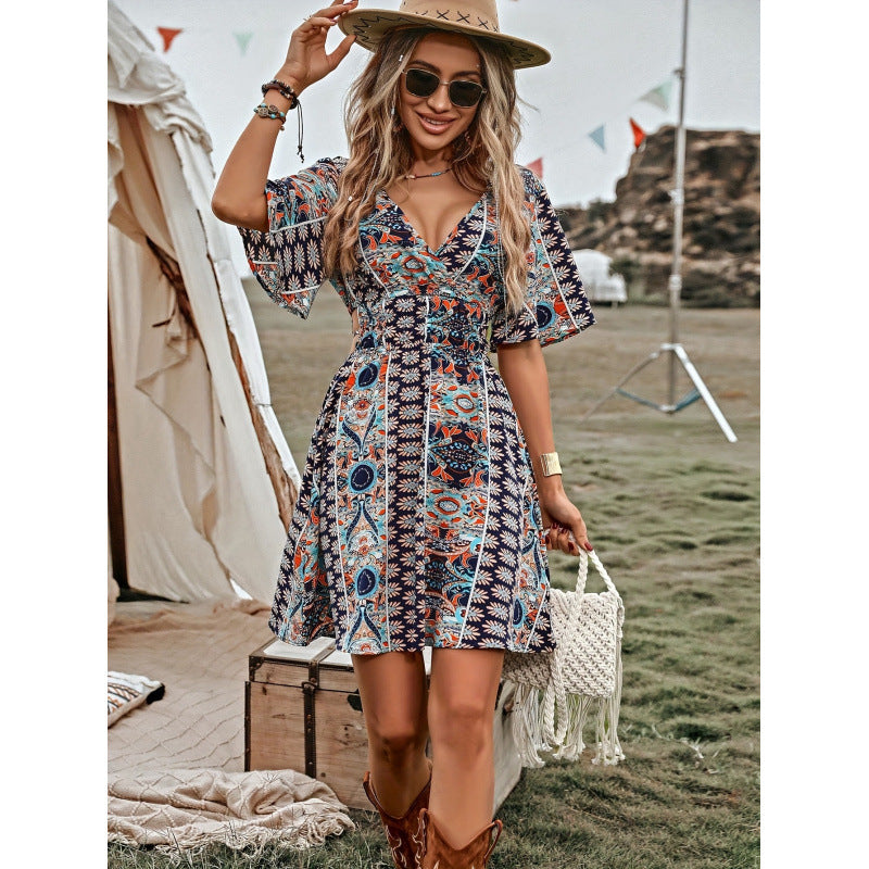 Aliexpress cross-border burizaya full-print butterfly sleeve dress with waist, vacation beach dress