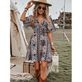 Aliexpress cross-border burizaya full-print butterfly sleeve dress with waist, vacation beach dress