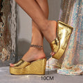 Women's chunky heel sandals - gold glitter, fashionable, elegant, minimalist, slip-on, casual sandals