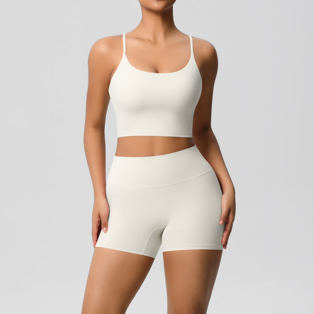 New arrival: cross-border brushed solid color racerback compression breathable yoga set - women's activewear running & fitness shorts set