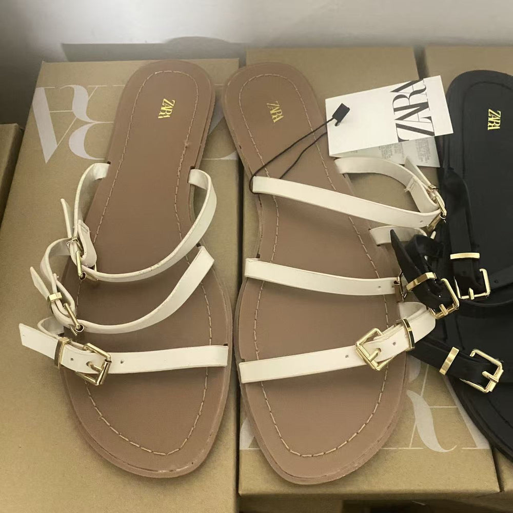 Za women's flat roman sandals - new summer 2025 collection - ladies' fashionable criss-cross buckle detail, solid color
