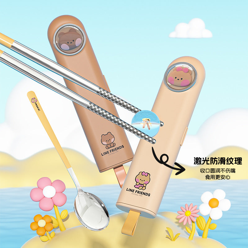 Cartoon cute portable tableware box student spoon chopsticks stainless steel picnic outdoor travel tableware set wholesale
