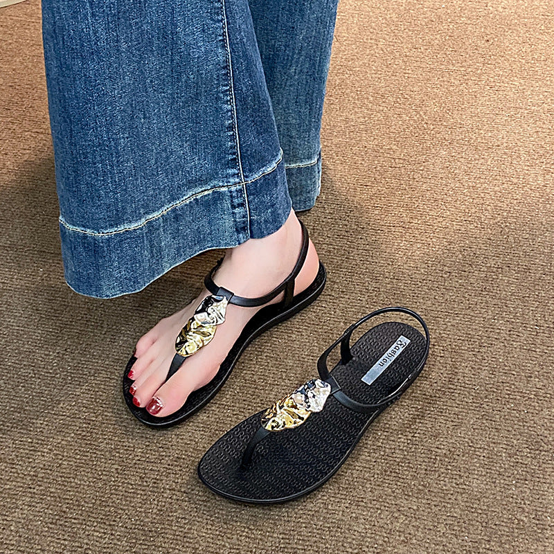 Summer vacation style new arrivalfrench metal buckle sense of design flip-flop sandals for women outwear non-slip soft bottom lightweight cool