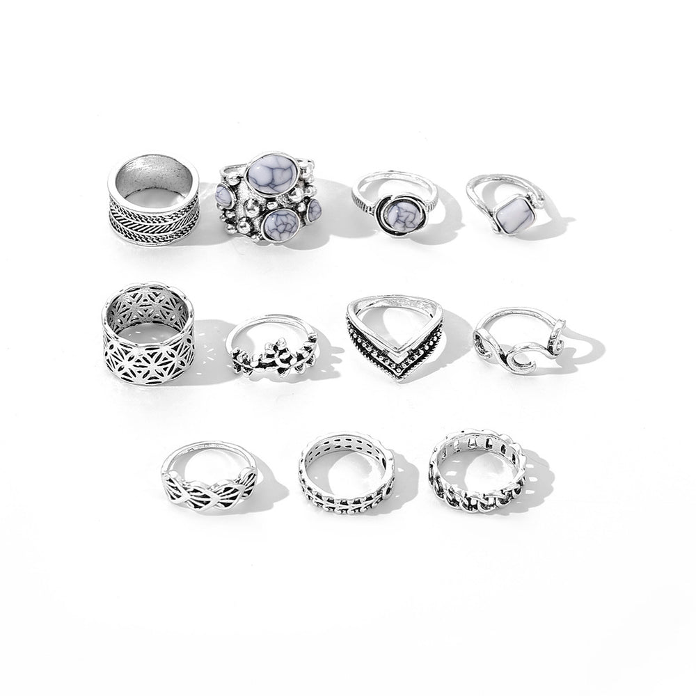 hot-selling retro ethnic style ring for women, 10-piece set, geometric cut out design, combination ring jewelry wholesale