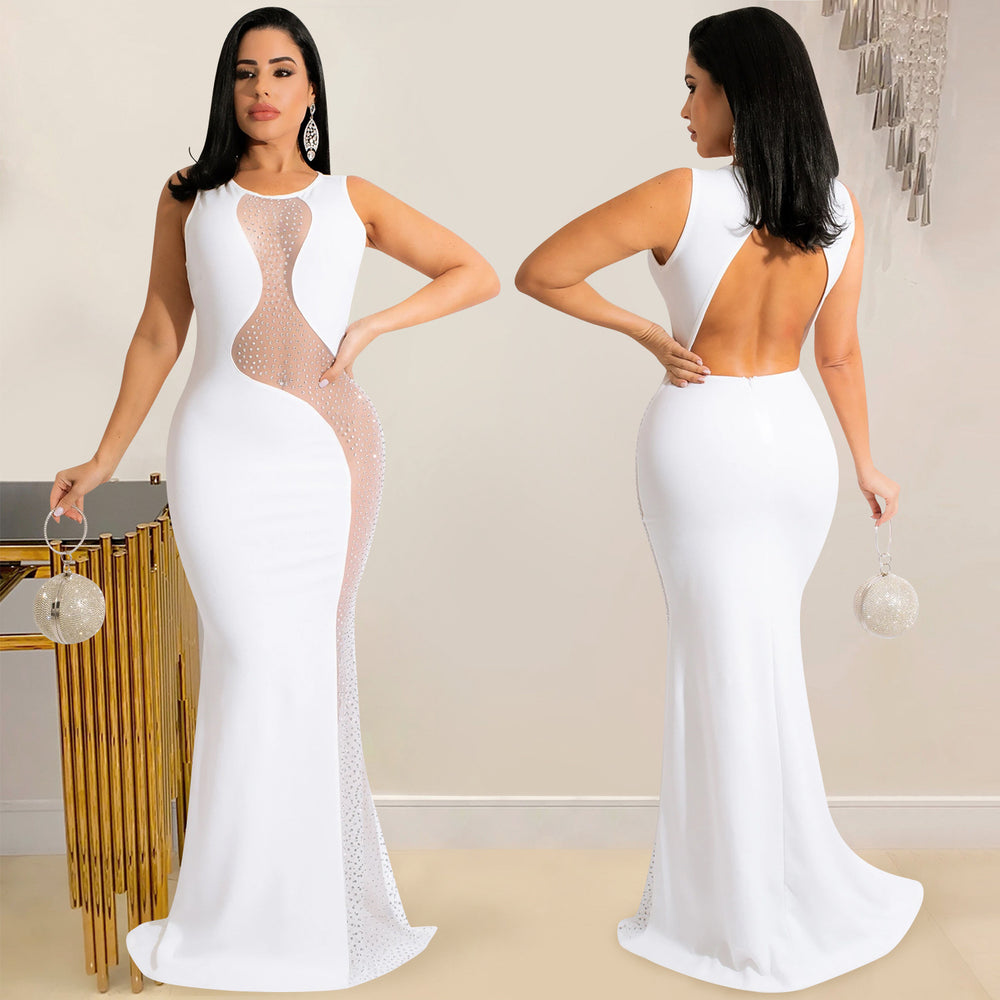 X5580   nightclub style sexy rhinestone mesh see-through sleeveless backless maxi dress for women