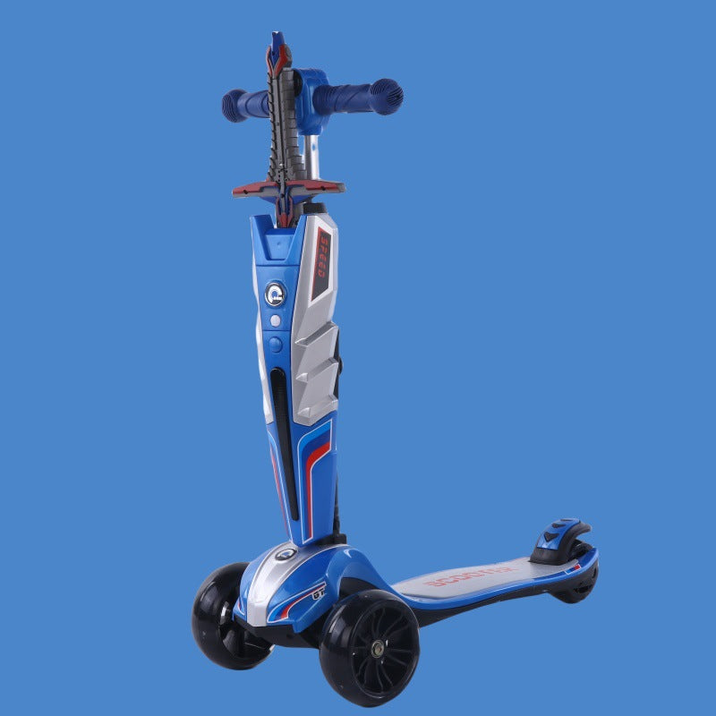 Children's four-wheel flash scooter, adjustable height 2-6 years old children's toy scooter one-click folding car